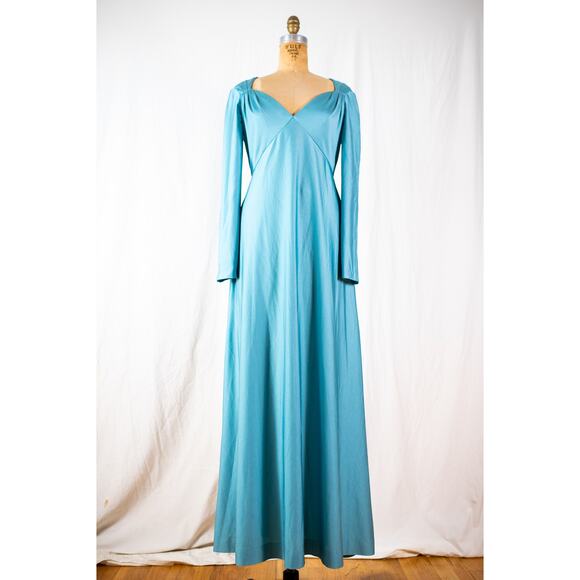 Vintage 70s Aqua Maxi Dress, Eva Gabor by Estevez Formal Evening Gown Retro Med - Picture 10 of 12